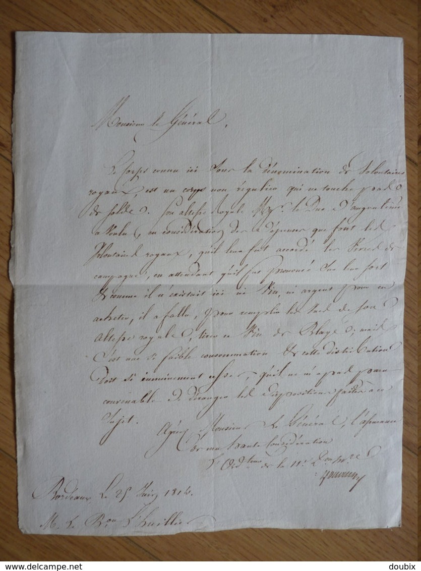 1814 Ordonnateur De La 11e Division Militaire. - VINS à BORDEAUX Et BLAYE - Autres & Non Classés