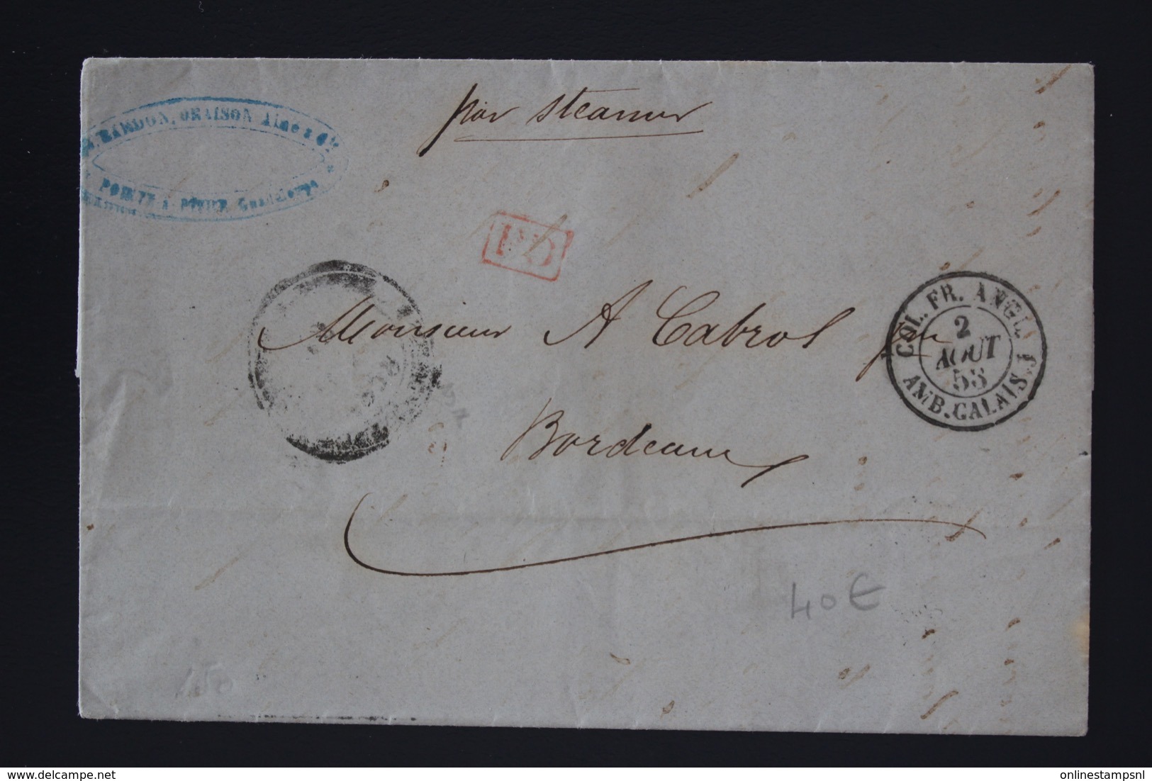 Guadeloupe Letter Pointe A Pitre  COL. FR. ANGL.  AMB CALAIS . 1853 -> Bordeaux PD Rouge - Covers & Documents