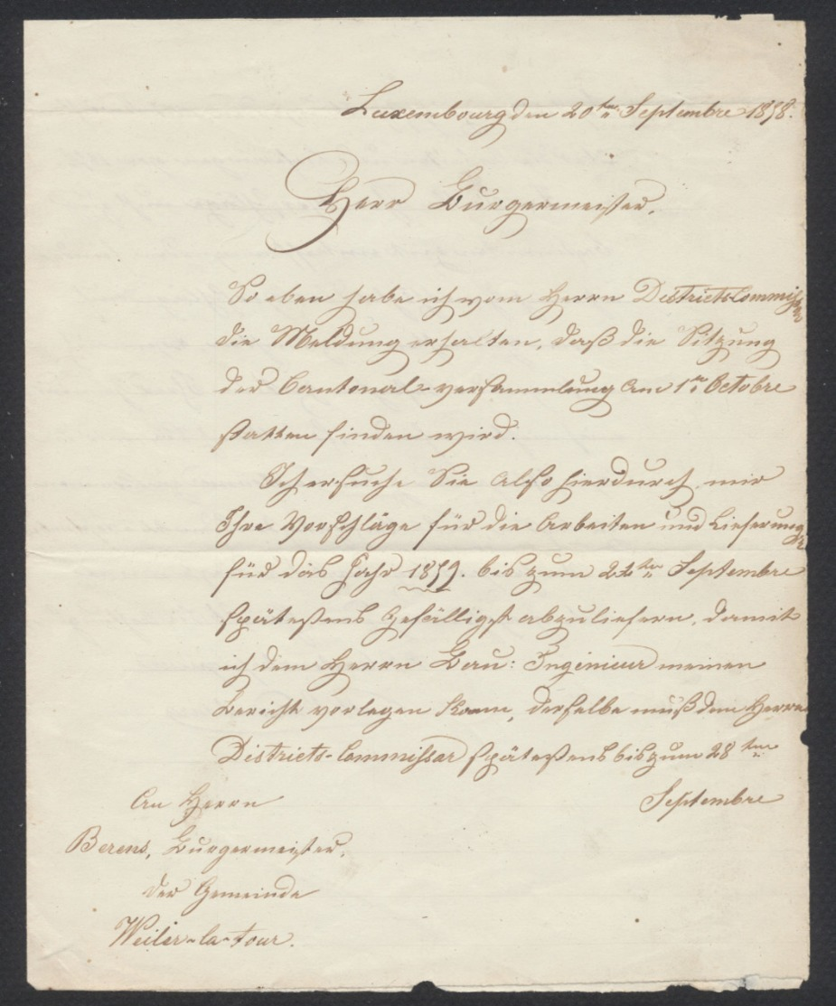 "Précurseur" - LAC Non Affranchie Datée De Luxembourg 20/09/1858 Vers Le Bourgmestre De Weiller-la-Tour - ...-1852 Préphilatélie