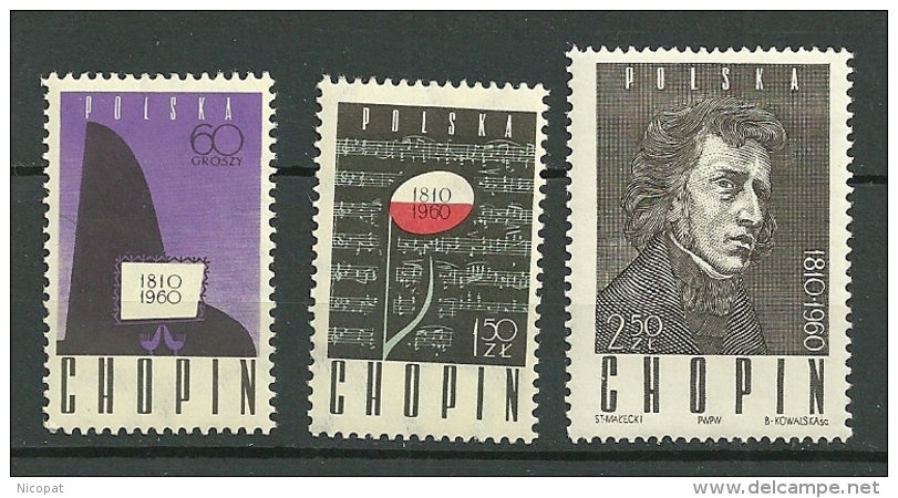 POLAND MNH ** 1023-1025 FREDERIC CHOPIN. MUSIQUE Musicien Piano Partition Portrait De Delacroix Le Louvre Paris - Neufs