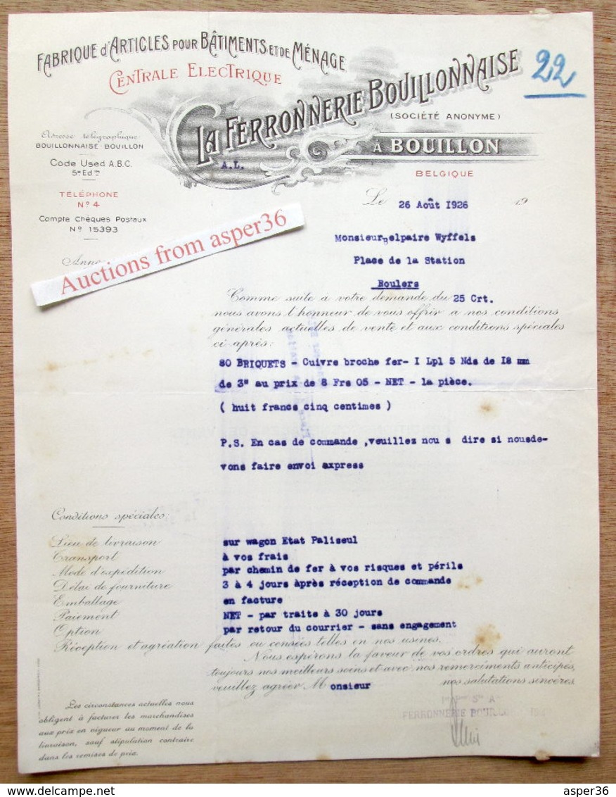 Articles Pour Bâtiments & Ménage "La Ferronnerie Bouillonnaise" Bouillon 1926 - 1900 – 1949