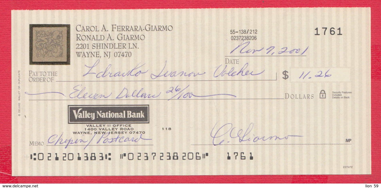 248647 / Valley National Bank Of Wayne, New Jersey , Chèque Cheque Check Scheck - Cheques En Traveller's Cheques