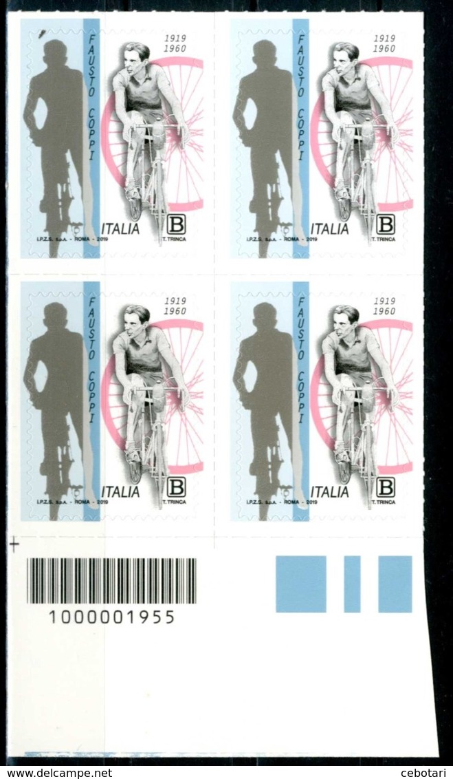 ITALIA / ITALY 2019 - Fausto Coppi - Quartina MNH, Autoadesiva Con Codice A Barre, Come Da Scansione. - Ciclismo