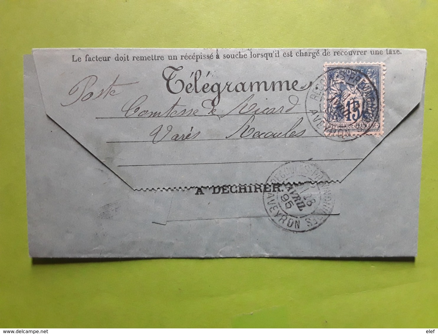 TB Lettre Télégramme RECOULES PREVINQUIERES,Aveyron, Type SAGE No 101,15 C Bleu, 1895> St Laurent D'Olt , Peu Courante - 1849-1876: Période Classique