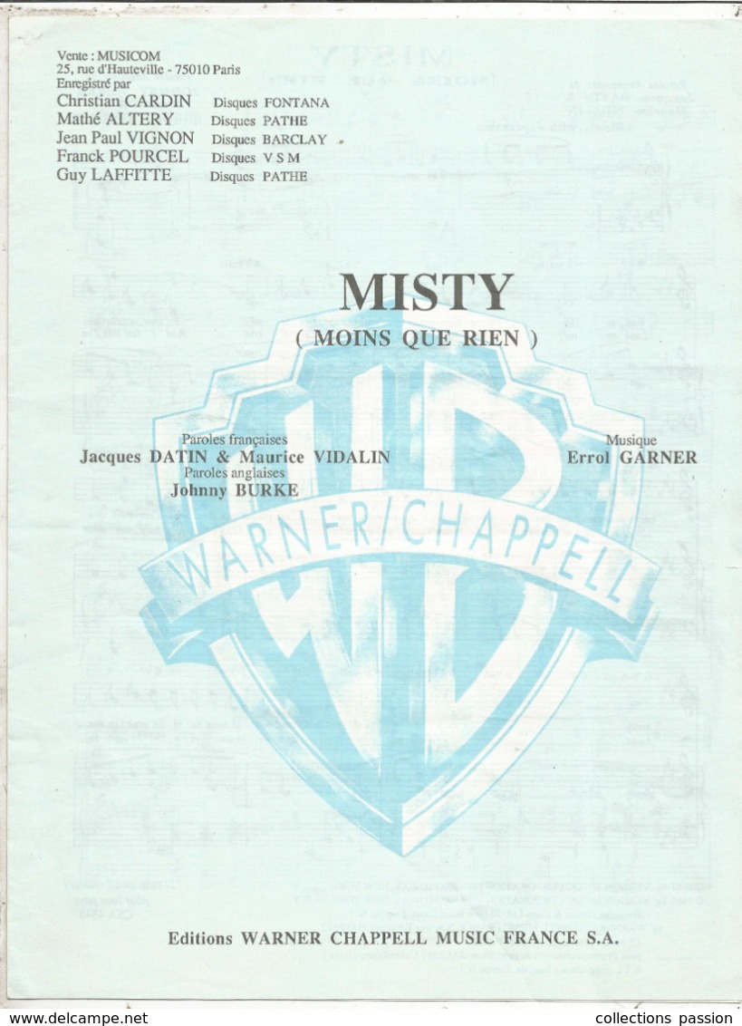 Partition Musicale Ancienne  ,Jacques DATIN & Maurice VIDALIN ,Errol GARNER ,MISTY ,MOINS QUE RIEN , Frais Fr 1.85 - Scores & Partitions