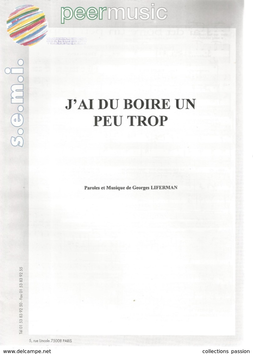 Partition Musicale Ancienne , GEORGES LIFERMAN ,J'AI DU BOIRE UN PEU TROP,  Slow , Frais Fr 1.85 - Scores & Partitions