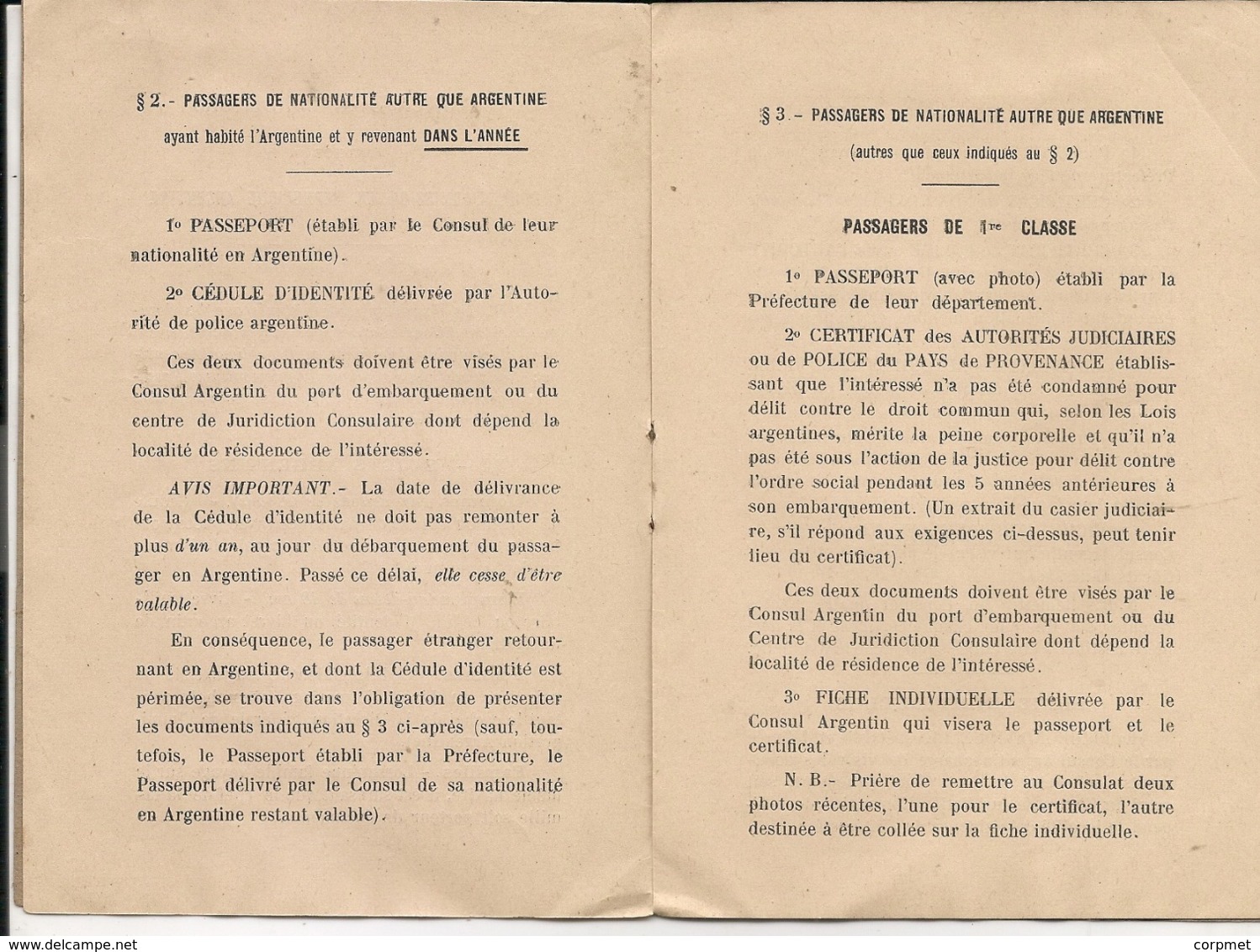 Livre DOCUMENTS & CONDITIONS Exiges Pour L'admission En Republique Argentine - COMPANIE DE NAVIGATION SUD-ATLANTIQUE - Sonstige & Ohne Zuordnung