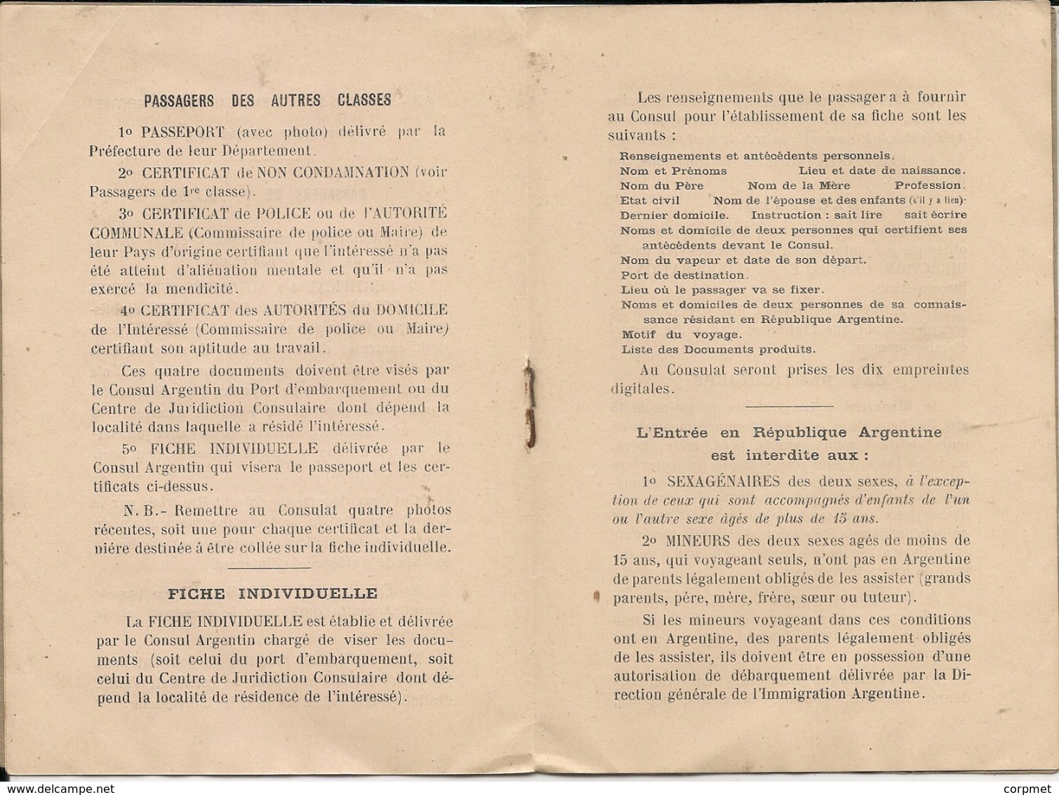 Livre DOCUMENTS & CONDITIONS Exiges Pour L'admission En Republique Argentine - COMPANIE DE NAVIGATION SUD-ATLANTIQUE - Sonstige & Ohne Zuordnung