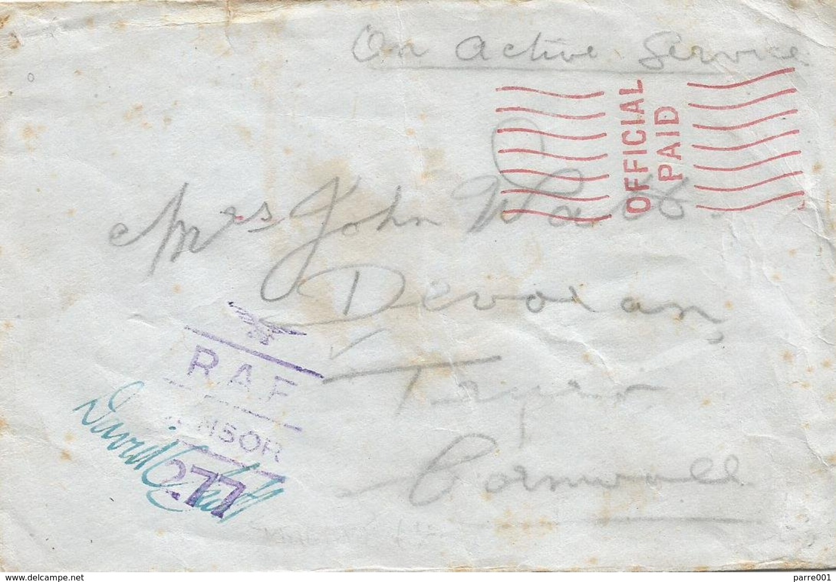 RAF Cover London Undated Official Paid With R8-277 Censor - Militaria