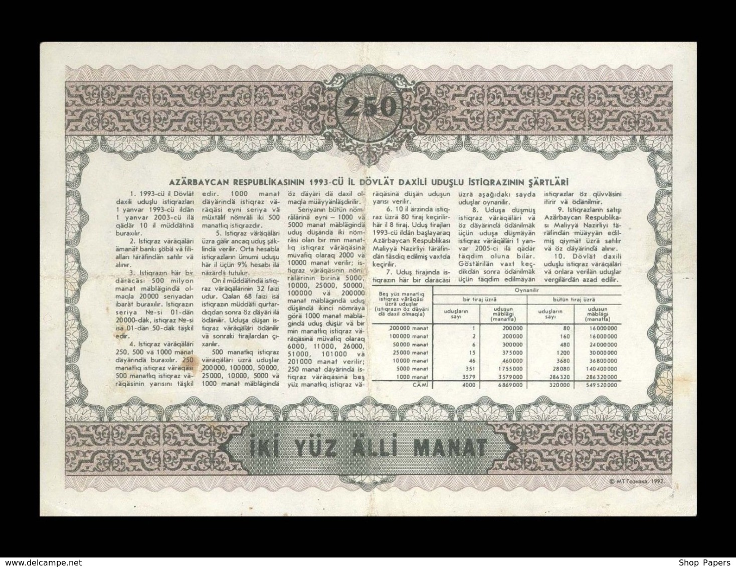 Azerbaijan Republic State Loan Bonds 250 Manat 1993 PICK # 13A RARE! - Azerbaïjan