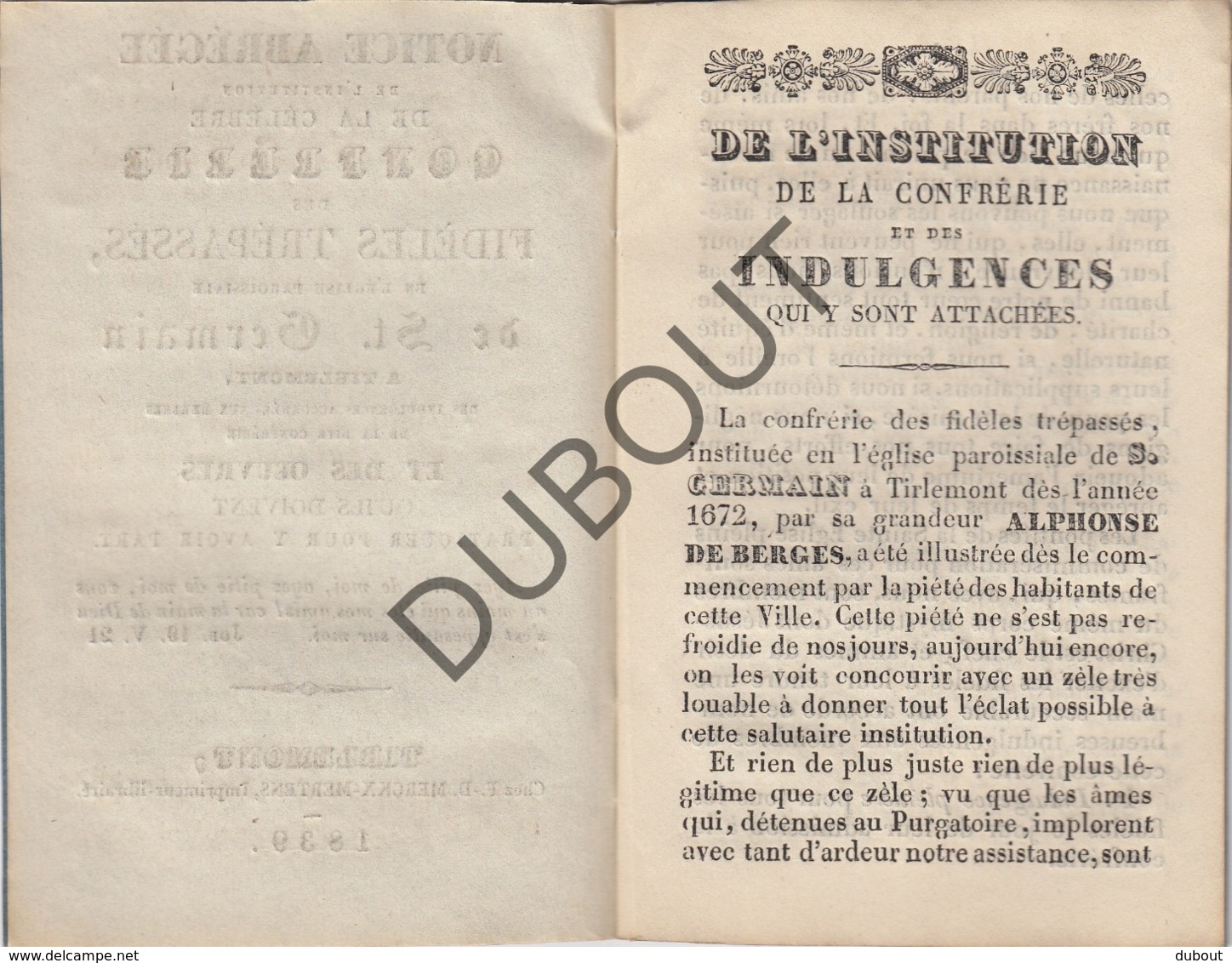 TIENEN/TIRLEMONT Notice Abrégée Fidèles Trépassés St Germain 1839 Drukkerij Merckx-Mertens (R75) - Oud