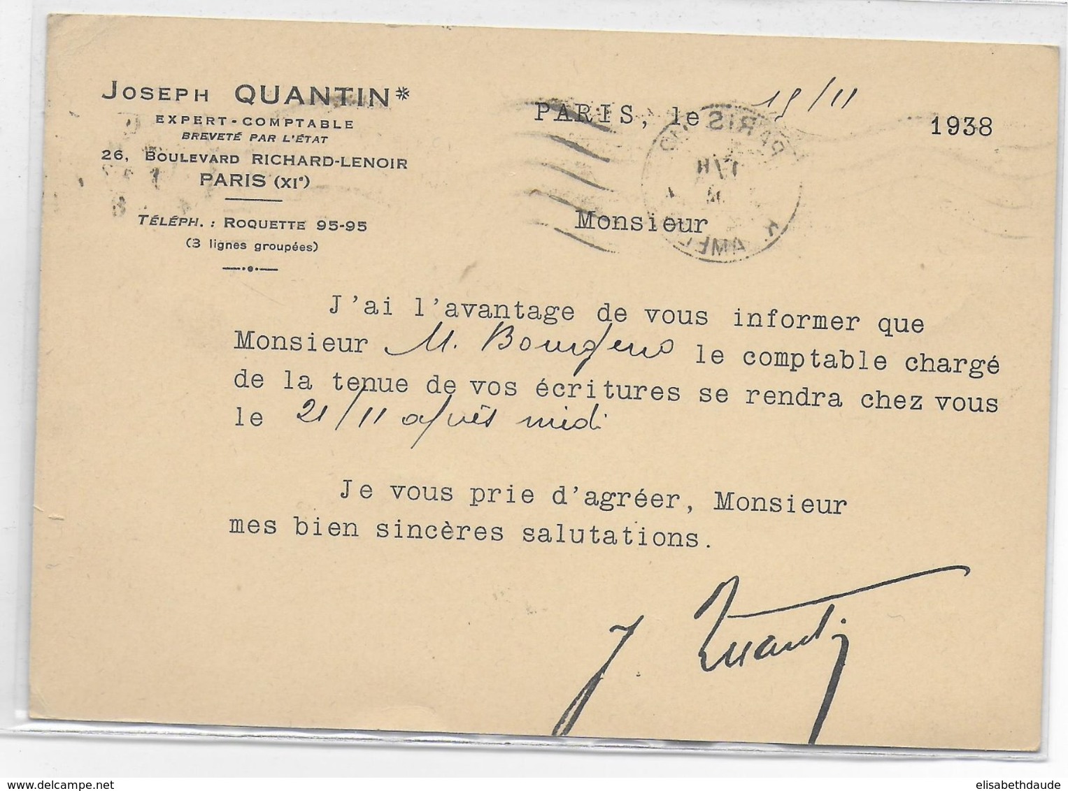 1938 - PAIX - CARTE ENTIER Avec REPIQUAGE COMMERCIAL Au DOS "QUANTIN" De PARIS - AK Mit Aufdruck (vor 1995)