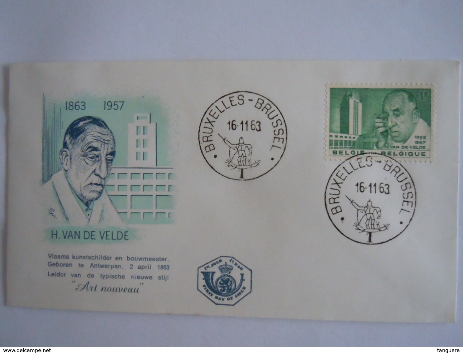 België Belgium 1963 FDC Henry Van De Velde Architect Bouwmeester Leider Nieuwe Stijl "Art Nouveau" Cob 1270 - 1961-1970