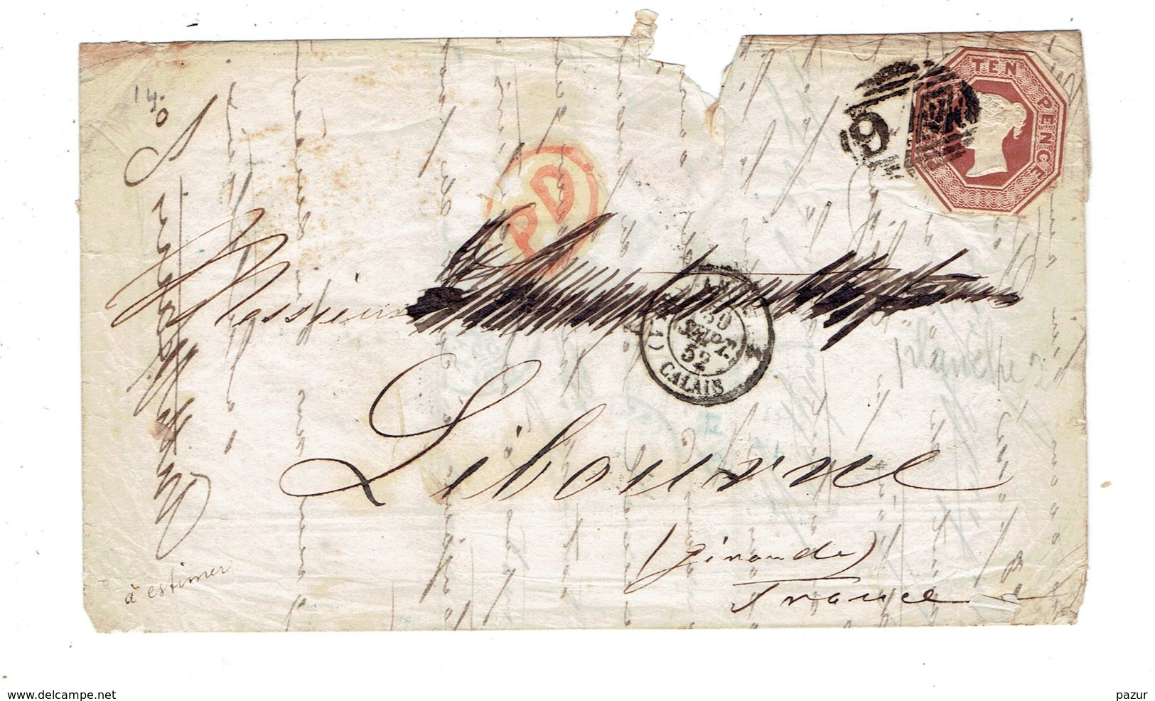 MARCOPHILIE - GDE BRETAGNE - 1852 - N°6 SUR LETTRE -OB AMBULANT MARITIME GB PAR CALAIS 30 SEPT. 52 - Lettres & Documents