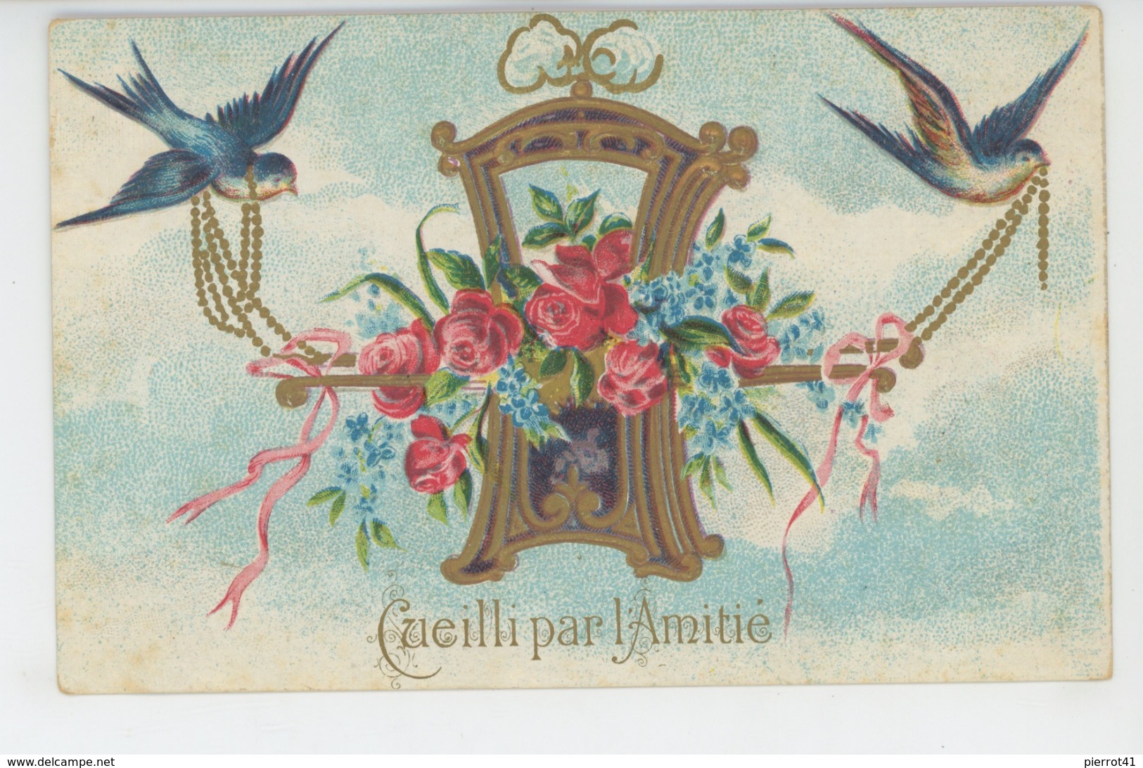 FLEURS - Jolie Carte Fantaisie Gaufrée Fleurs Hirondelles Et Chaise à Porteur "Cueilli Par L'Amitié "(embossed Postcard) - Fleurs