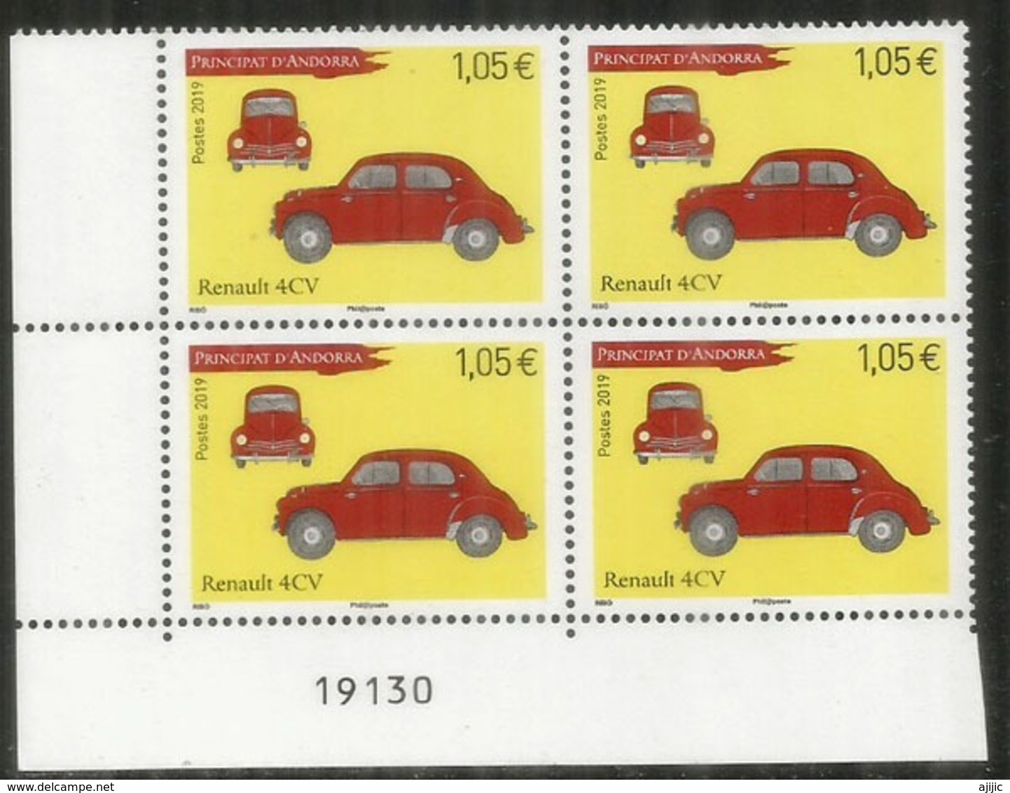 ANDORRA. Renault 4CV, Année 1947.  Un Bloc De 4 Timbres Neufs. Coin NUMÉROTÉ,   Année 2019. - Autos