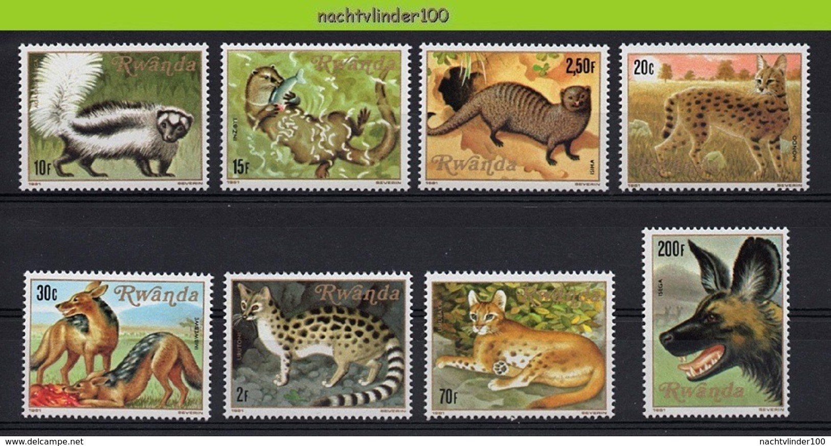 Nff038 FAUNA ZOOGDIEREN KAT HOND JAKHALS OTTER CAT DOG MONGOOSE JACKAL MAMMALS WILDLIFE RWANDA 1981 PF/MNH # - Wild