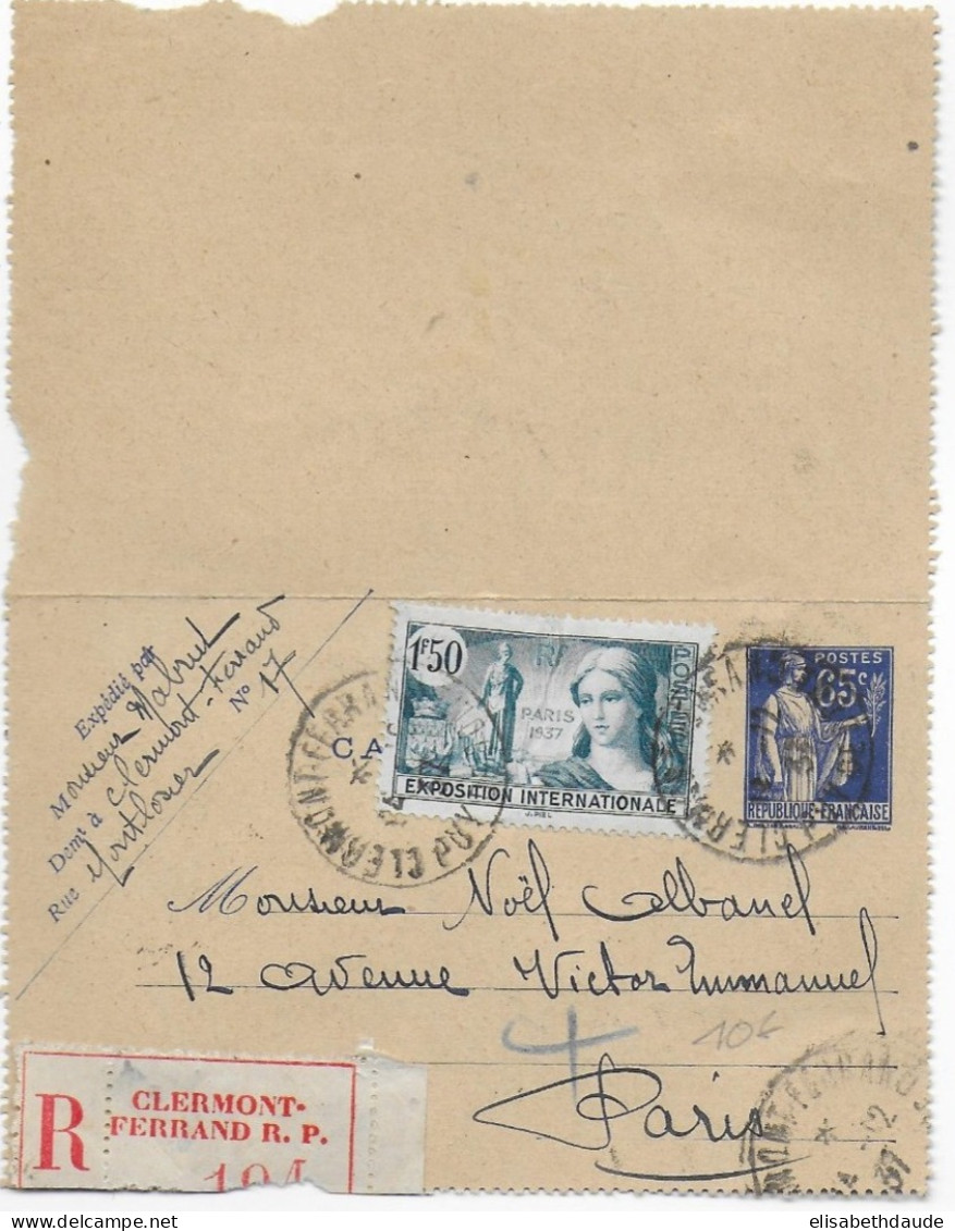 1937 - PAIX - CARTE-LETTRE ENTIER RECOMMANDEE !! De CLERMONT-FERRAND => PARIS - Letter Cards
