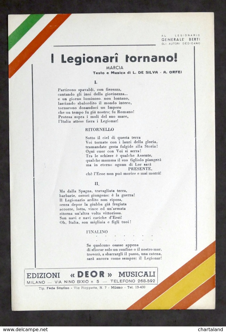 Musica - Testo Marcia - I Legionari Tornano - Guerra Spagna - Ed. Anni '50 - Altri & Non Classificati