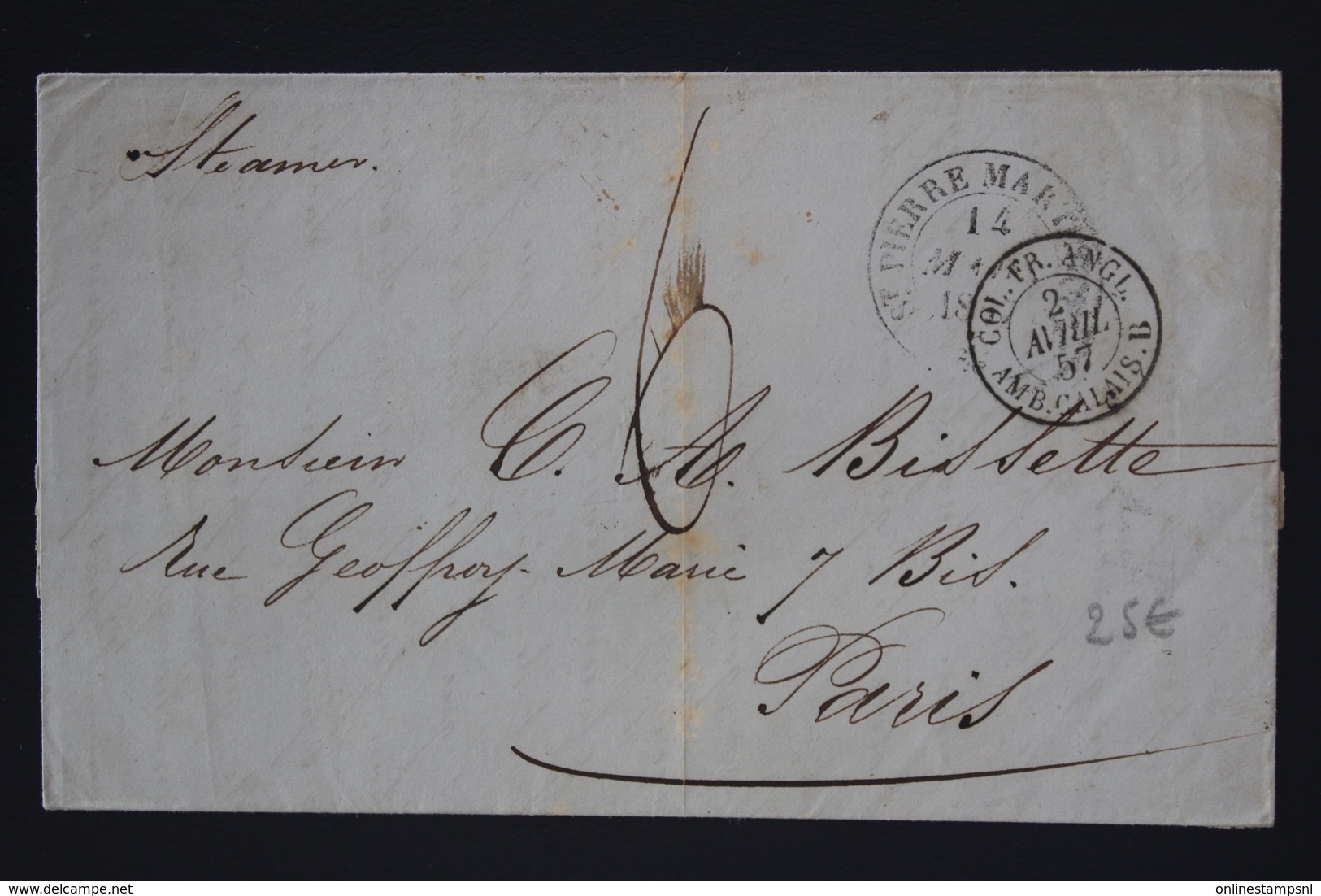 Martinique Letter St Pierre -> Paris 1857 COL. FR. ANGL. AMB CALAIS - Storia Postale