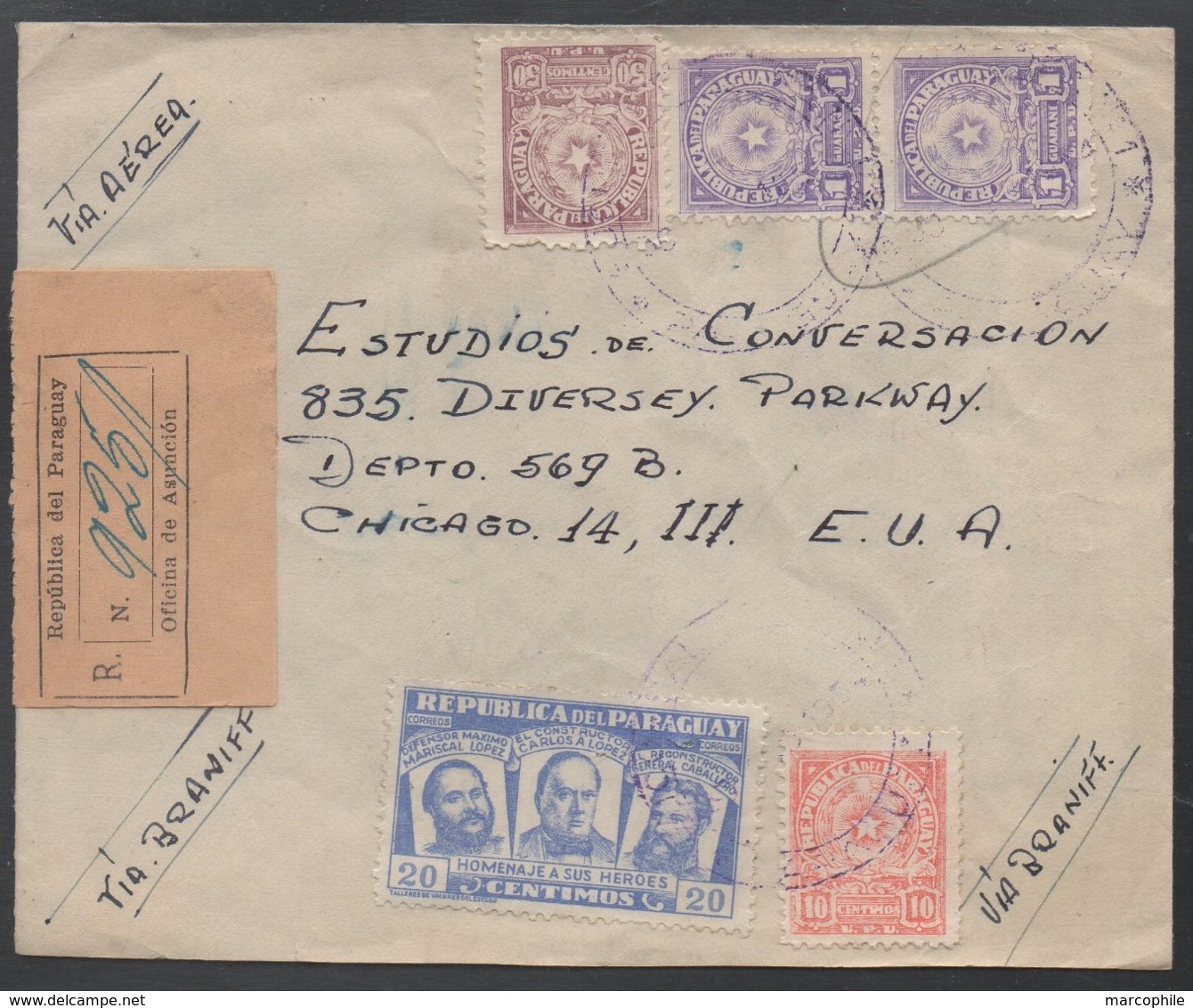 PARAGUAY - ASUNCION / 1954 LETTRE RECOMMANDEE AVION POUR LES USA - CHICAGO  (ref LE482) - Paraguay