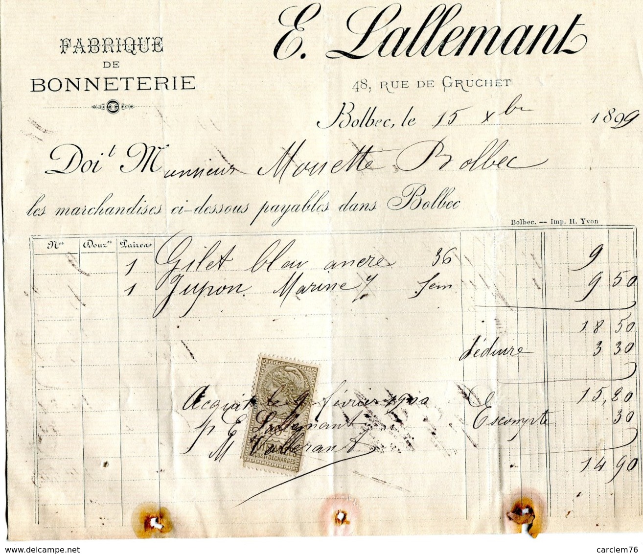Bolbec(76): Facture Bonneterie E; Lallemant. 1894 - 1800 – 1899