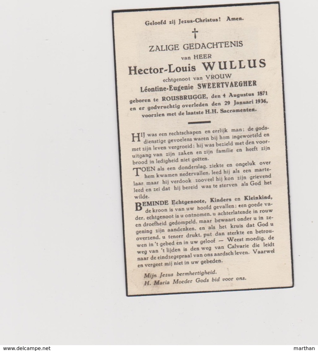 DOODSPRENTJE WULLUS HECTOR ECHTGENOOT SWEERTVAEGHER ROESBRUGGE (1871 - 1936) - Imágenes Religiosas