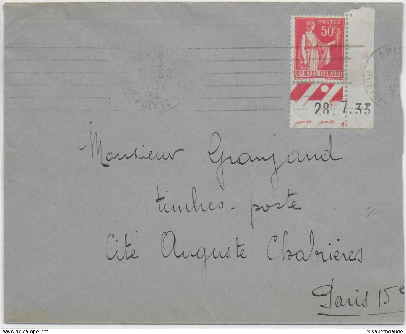 1934 - PAIX AVEC COIN DATE Sur ENVELOPPE De PARIS => PARIS - 1932-39 Peace