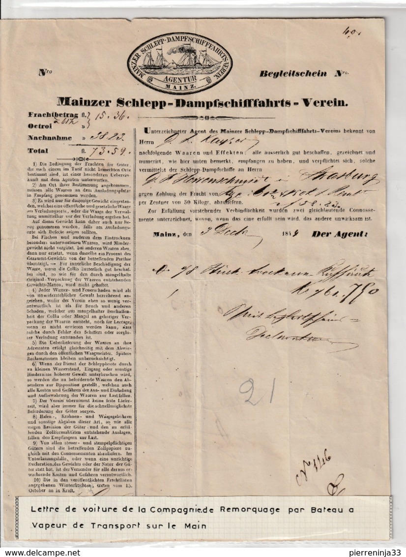 Lettre Commerciale Compagnie De Transport Par Bateau  Vapeur Allemagne/ Mayence /Mainz Pour Strasbourg Avec Cachet - 1800 – 1899