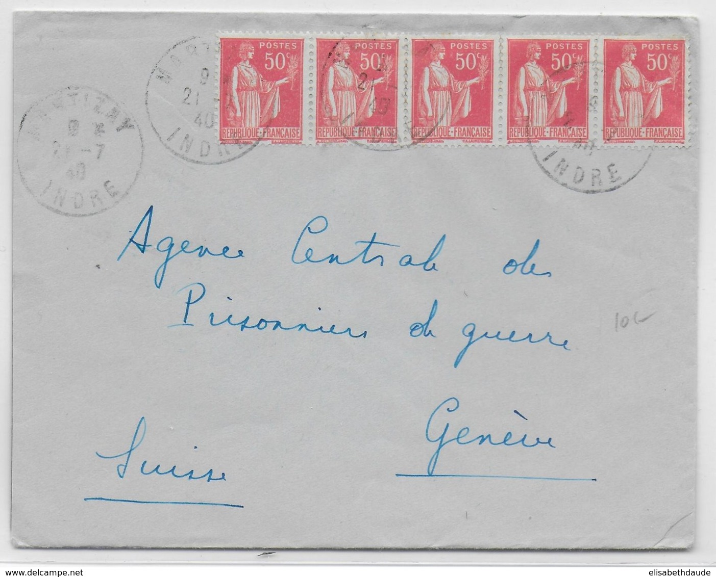 1940 - PAIX BANDE De 5 ! - ENVELOPPE De MARTIZAY (INDRE) => GENEVE (SUISSE) - 1932-39 Paix