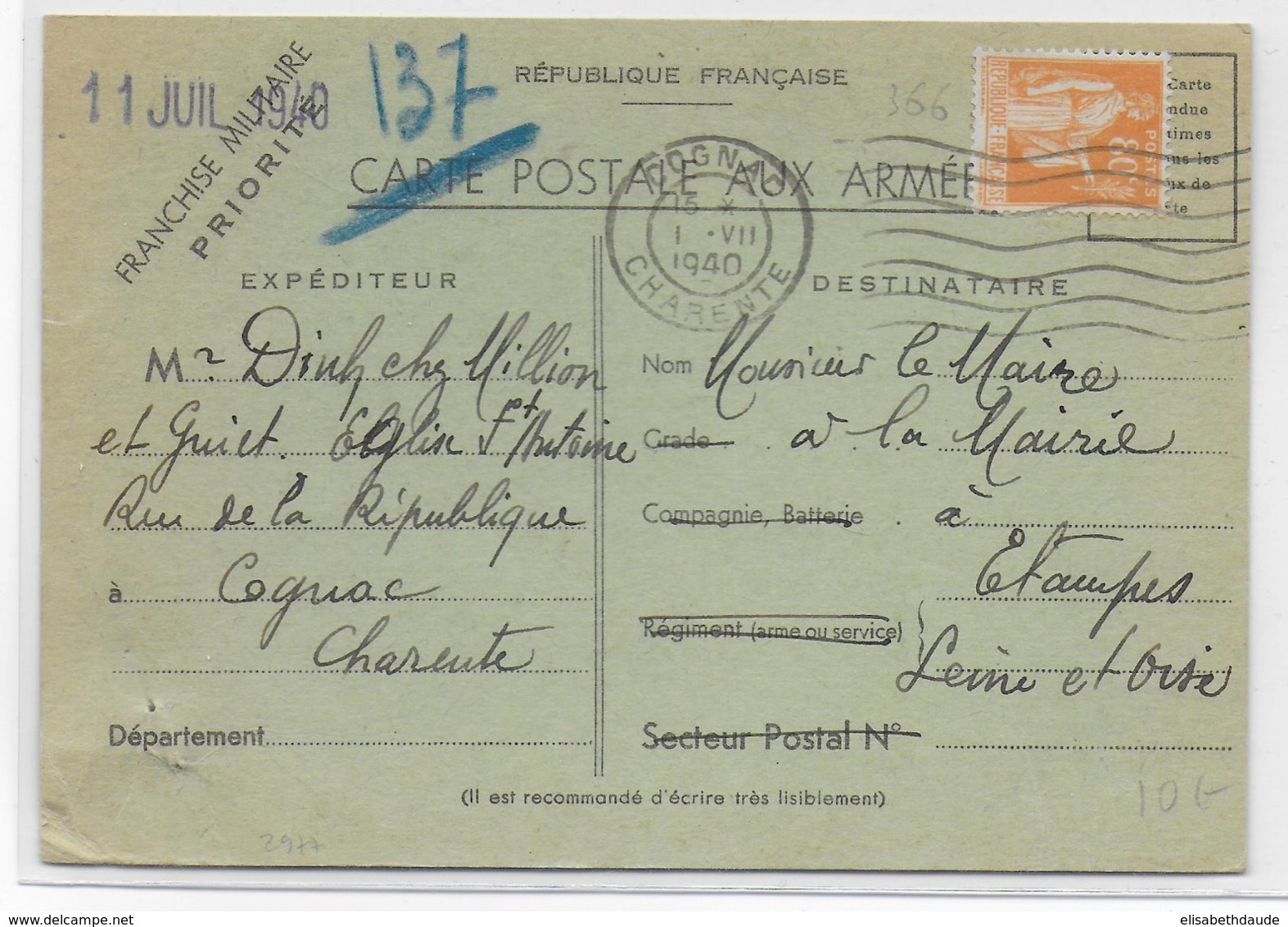1940 - PAIX YT 366 SEUL Sur CARTE FM Des ARMEES UTILISATION CIVILE De COGNAC => ETAMPES - 2. Weltkrieg 1939-1945