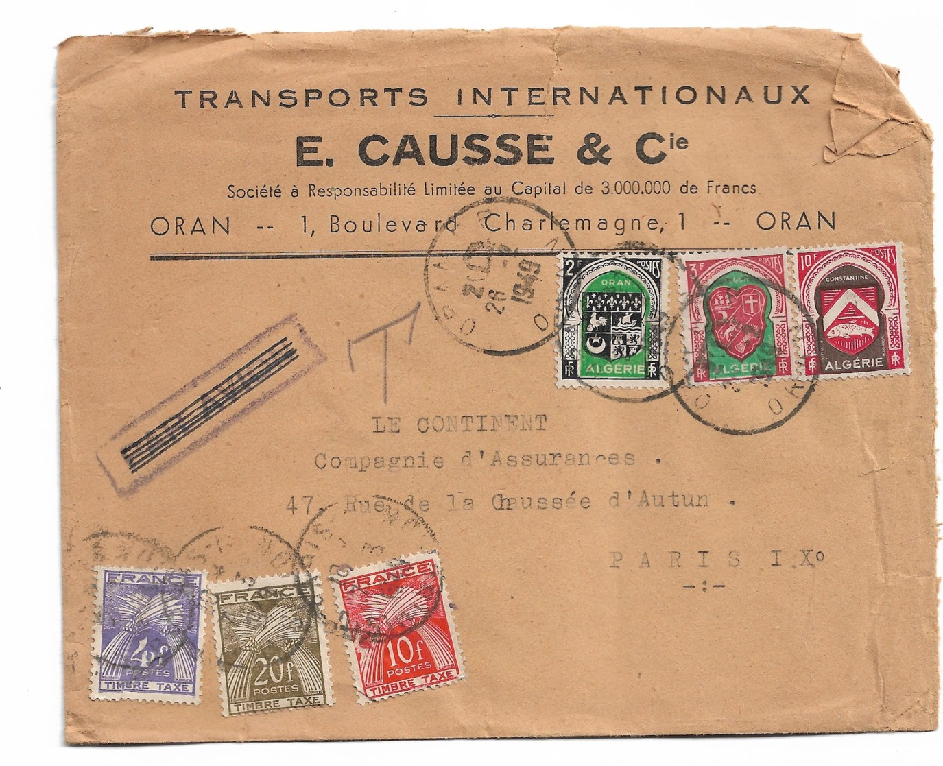 Lettre E CAUSSE  Oran   1949  Taxe 34F - Lettres & Documents