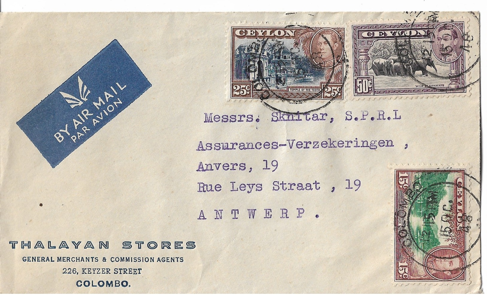 Lettre E CAUSSE  Oran   1949  Taxe 34FLettre COLOMBO  CEYLON 1948 - Ceylon (...-1947)