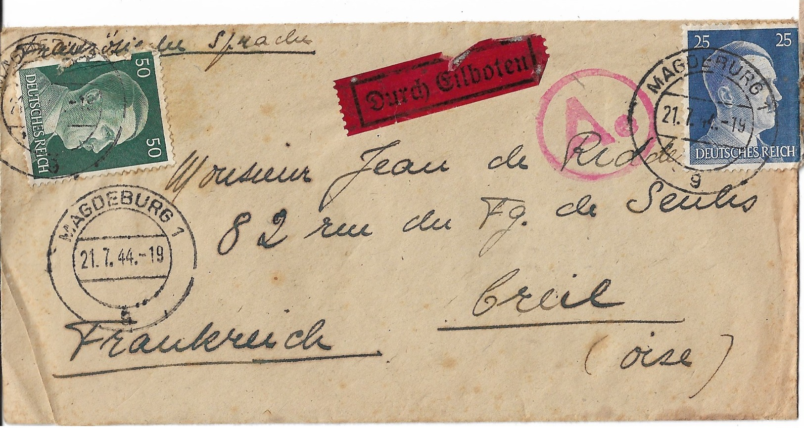Lettre 1944 Pour Creil    Départ Magdeburg - Lettres & Documents