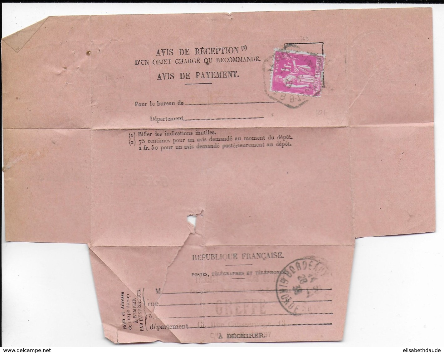 1939 - PAIX YT 369 SEUL Sur AVIS De RECEPTION D'une LETTRE RECOMMANDEE - CACHET HEXAGONAL De BORDEAUX ST PROJET "B" - 1921-1960: Modern Period