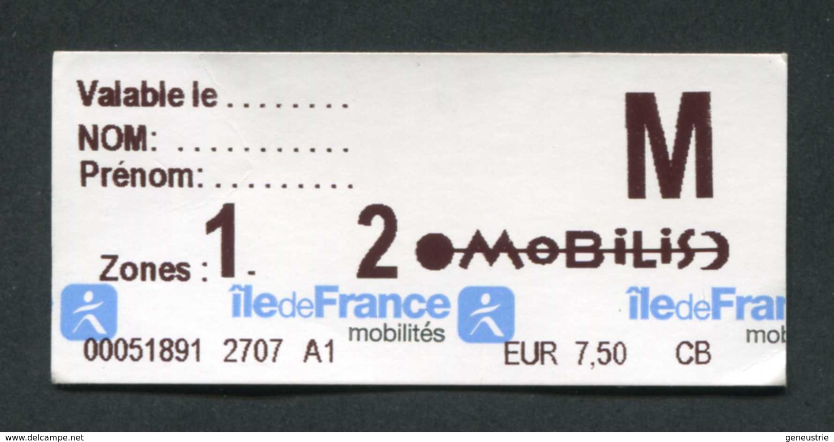 Ticket Forfait Jour "Mobilis 2 Zones" Train / Métro / Bus / Tramway - RATP / SNCF - Billet "Ile-de-France-Mobilités" - Europe