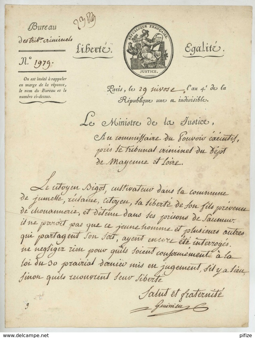 LS Jean-Joseph-Victor Génissieu Ministre De La Justice . Cultivateur Bigot De Jumelles Détenu Pour Chouannerie . 1796 . - Autres & Non Classés
