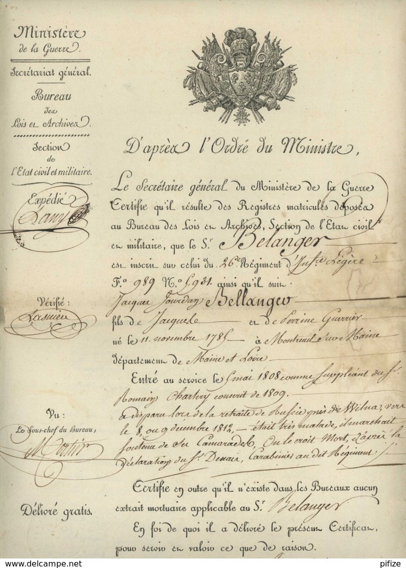 Certificat . Mort Probable Soldat Du 26e D'Infanterie Légère Pendant La Retraite De Russie . Montreuil-sur-Maine . 1818 - Documenti