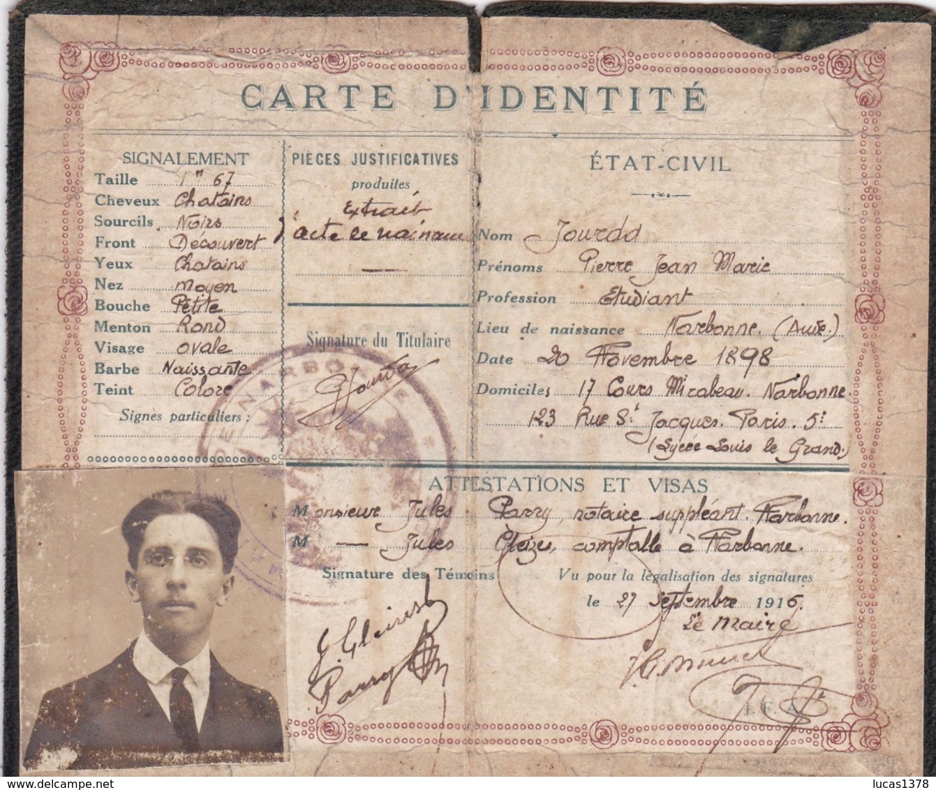 NARBONNE / 1916 CARTE D IDENTITE JOURDA 1898 - Documents Historiques