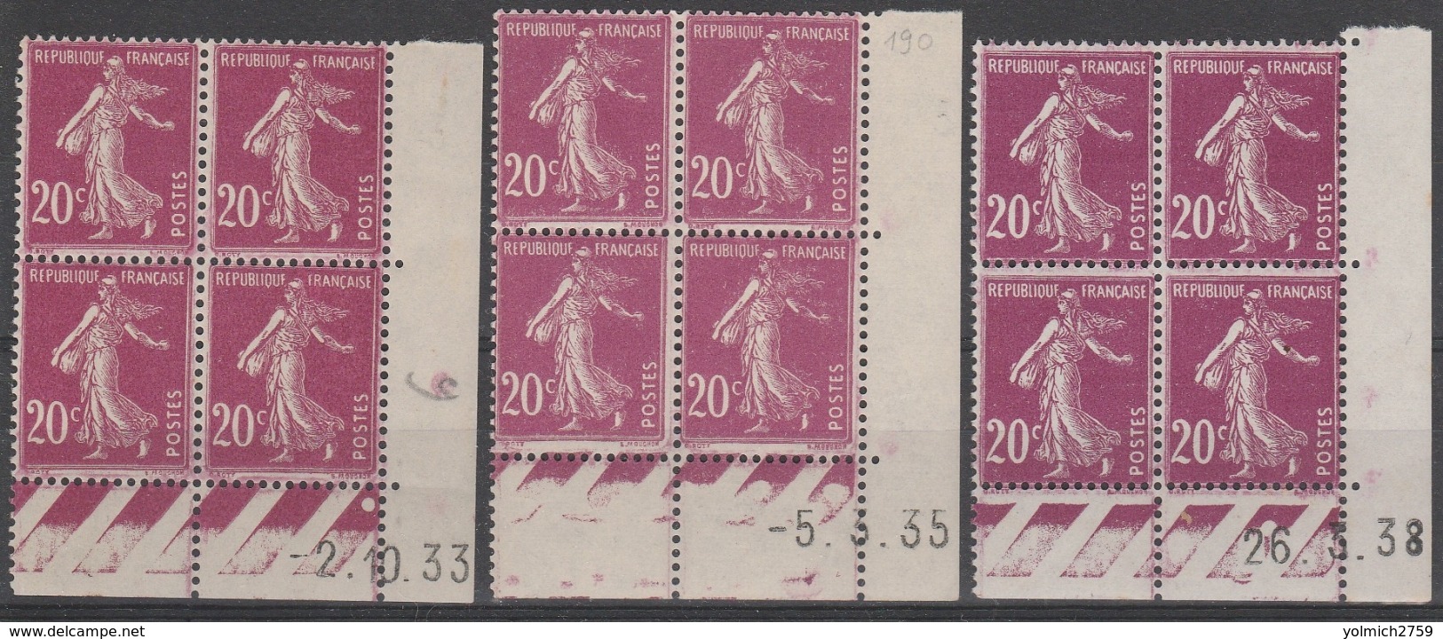 190** 20c SEMEUSE - LOT De 3 CD; 2.10.33 / 5.3.35 / 26.3.38 - 1930-1939