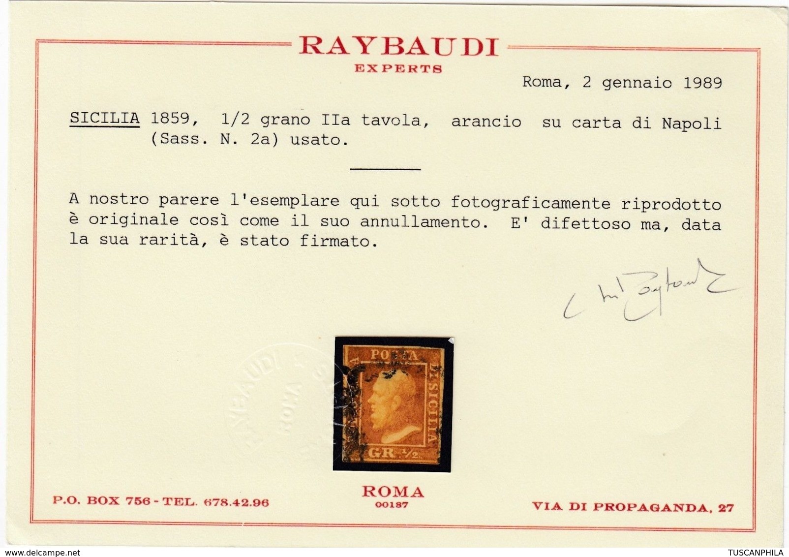 Sicilia, 1/2 Gr. II Tav Arancio NA N.2a Certificato Raybaudi Cv 7000 - Sizilien