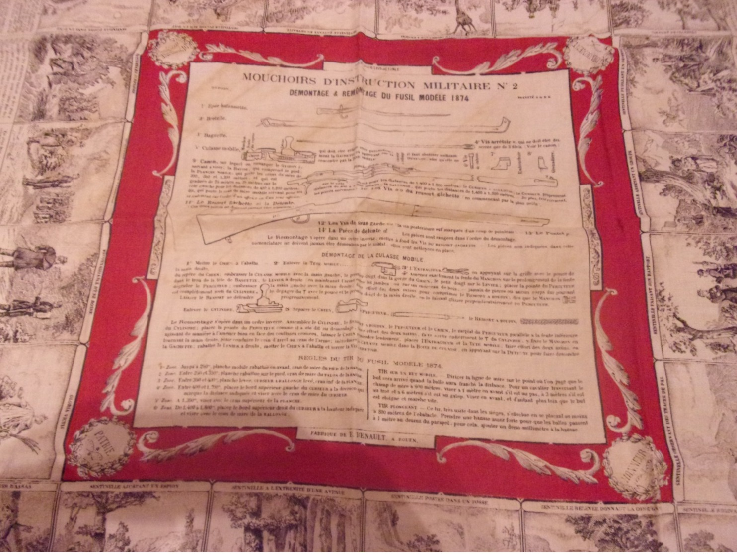 WWI SUPERBE FOULARD  MOUCHOIRS INSTRUCTION ORIGINAL N°2 DU FUSIL MODELE 1874  FABRIQUE E RENAULT A ROUEN - Police