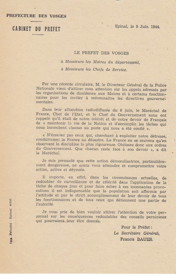 Préfet Des Vosges ,concerne L'obéissance Aux Ordres Du Gouvernement ,1944 - Documents