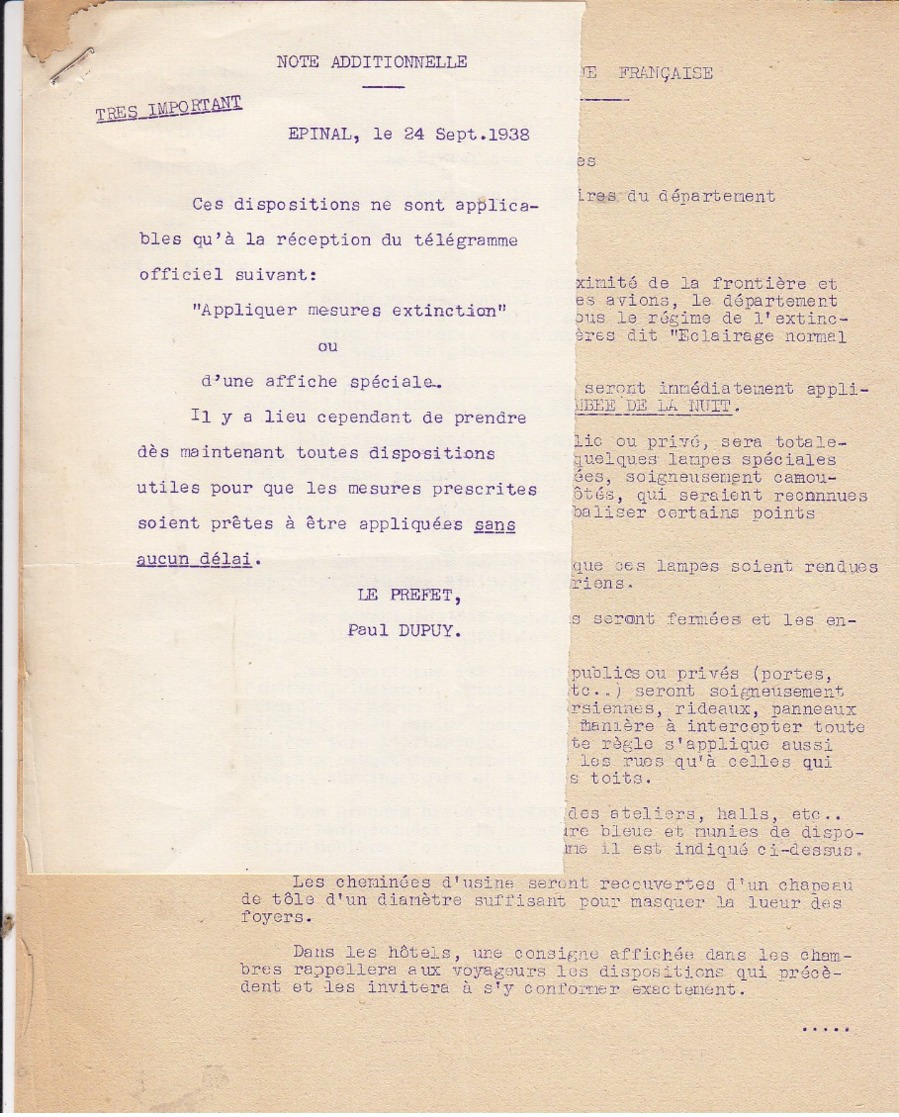 Préfet Des Vosges ,défense Passive ,éclairage En Temps De Guerre ,3 Scans ,1938 - Documents