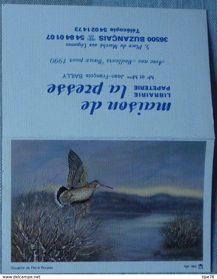 Petit Calendrier De Poche 1990 Oiseau Bécasse - Gouache Roussia - Buzançais - Tamaño Pequeño : 1981-90