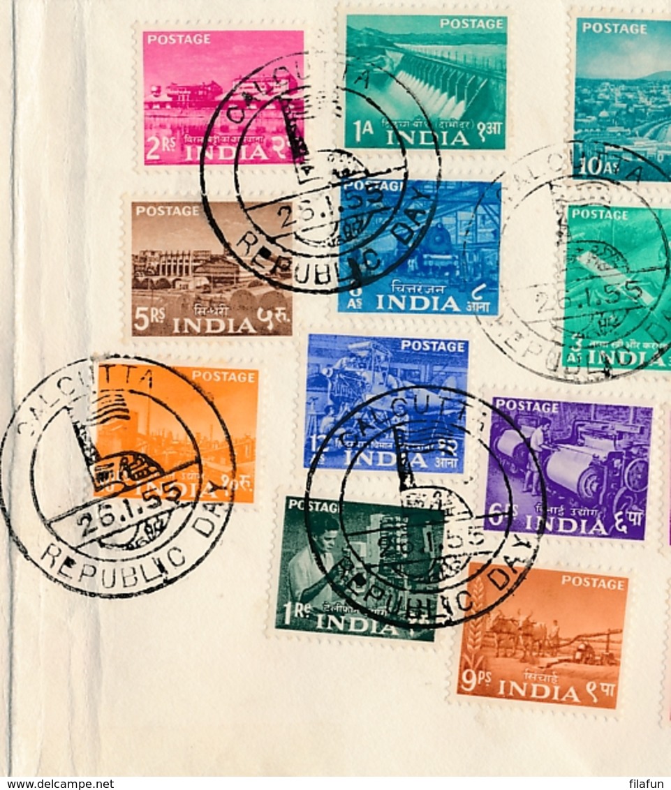 India - 1955 - 18 Stamps On FDC, Cancel Calcutta Republic Day - Briefe U. Dokumente