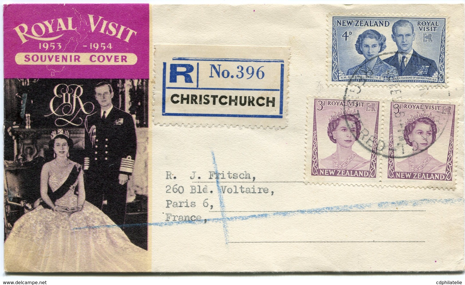 NOUVELLE-ZELANDE ENVELOPPE RECOMMANDEE "ROYAL VISIT 1953-1954" DEPART CHRISTCHURCH 3 FE 54 POUR LA FRANCE - Lettres & Documents