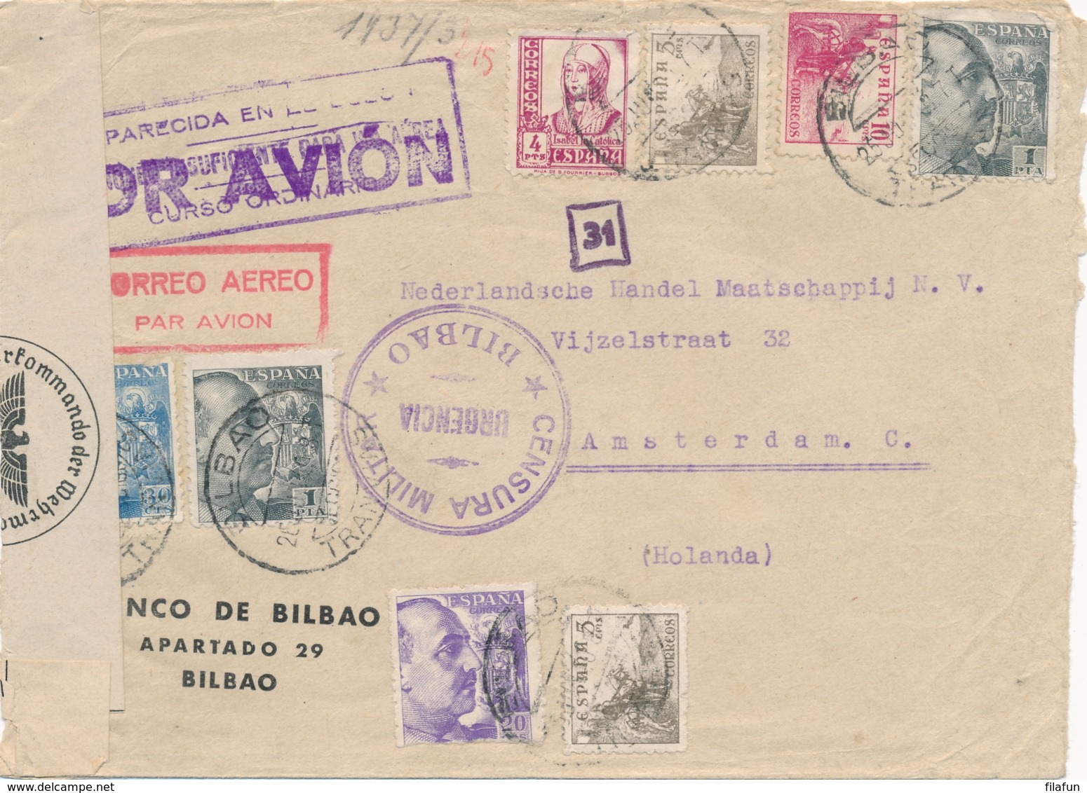 Espana - 1940 - 8 Stamps On Cover From Bilbao - Censura Militar - Insufficient For Airmail - German Censor To Amsterdam - Briefe U. Dokumente