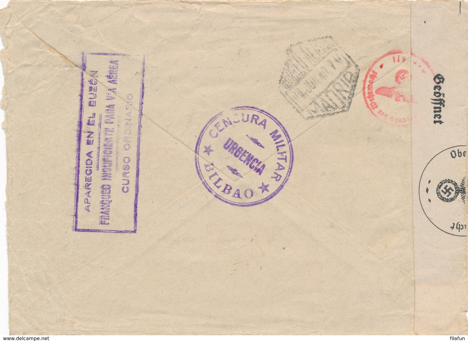 Espana - 1940 - 8 Stamps On Cover From Bilbao - Censura Militar - Insufficient For Airmail - German Censor To Amsterdam - Briefe U. Dokumente