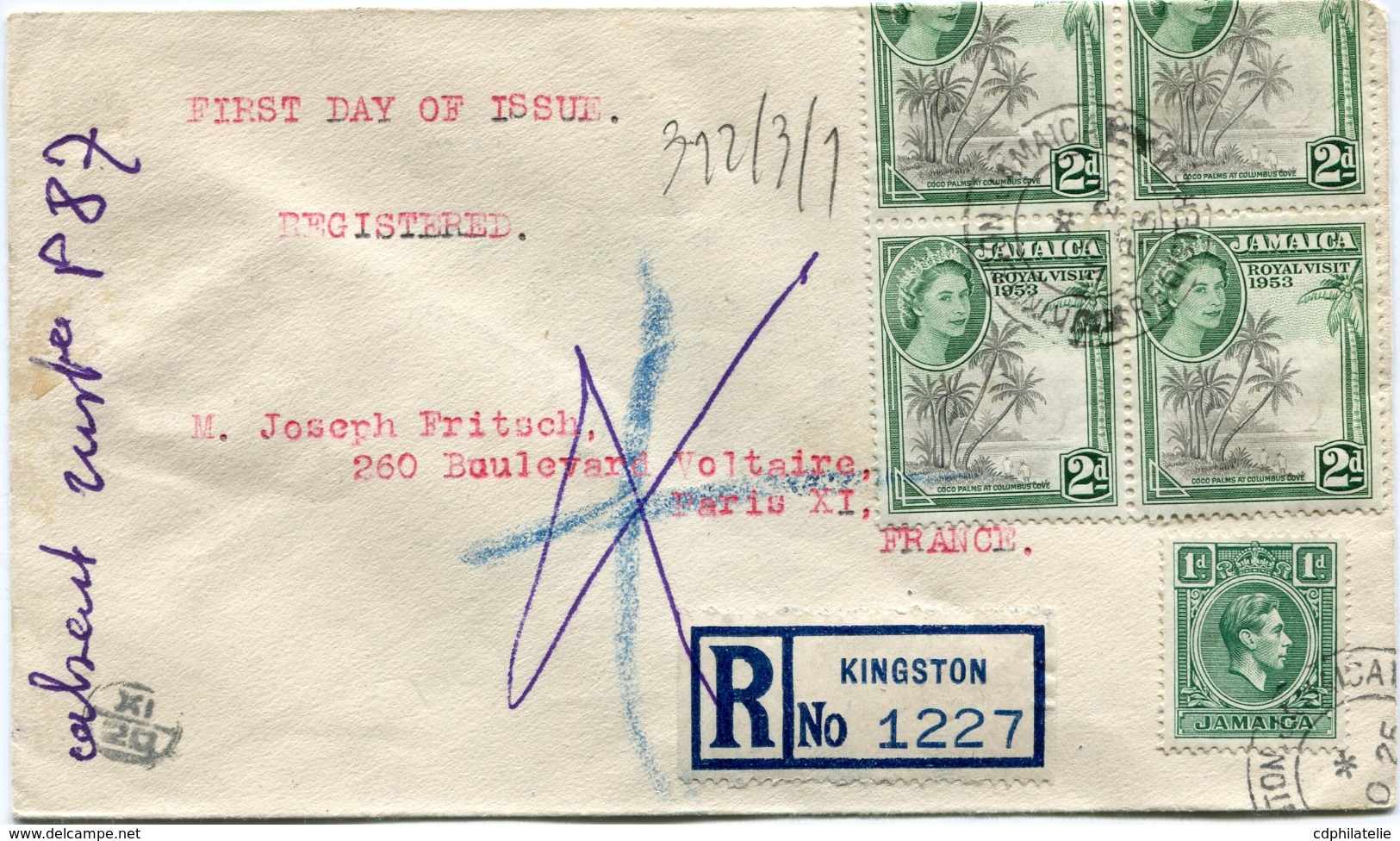 JAMAIQUE ENVELOPPE RECOMMANDEE DEPART KINGSTON NO 25  53 POUR LA FRANCE - Jamaïque (...-1961)